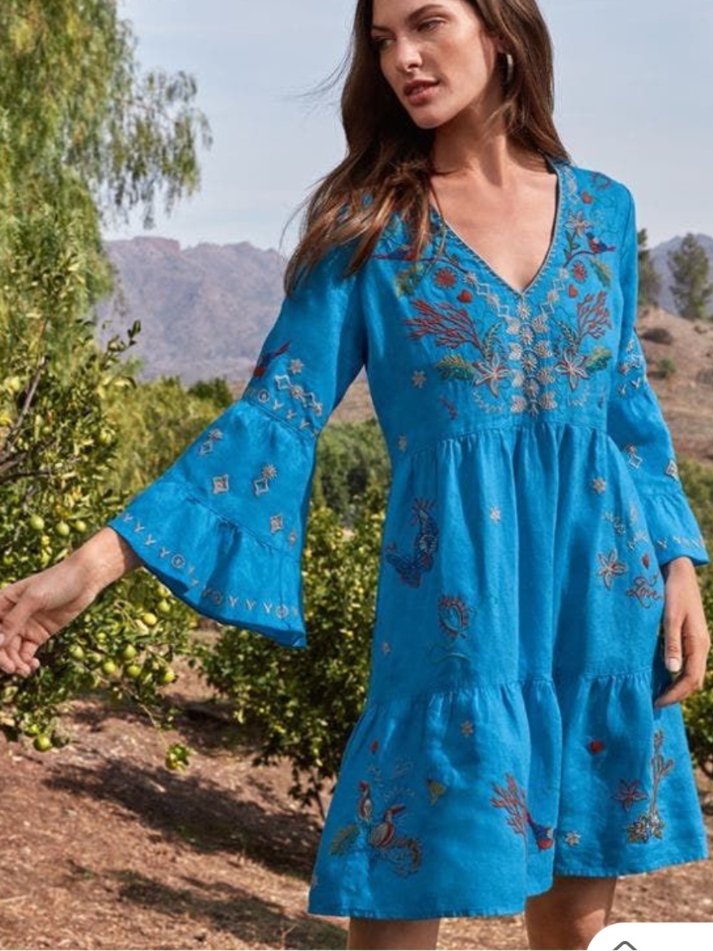 Johnny Was Turquoise Blue Embroidered Zoe Tiered Dress Linen Size Small